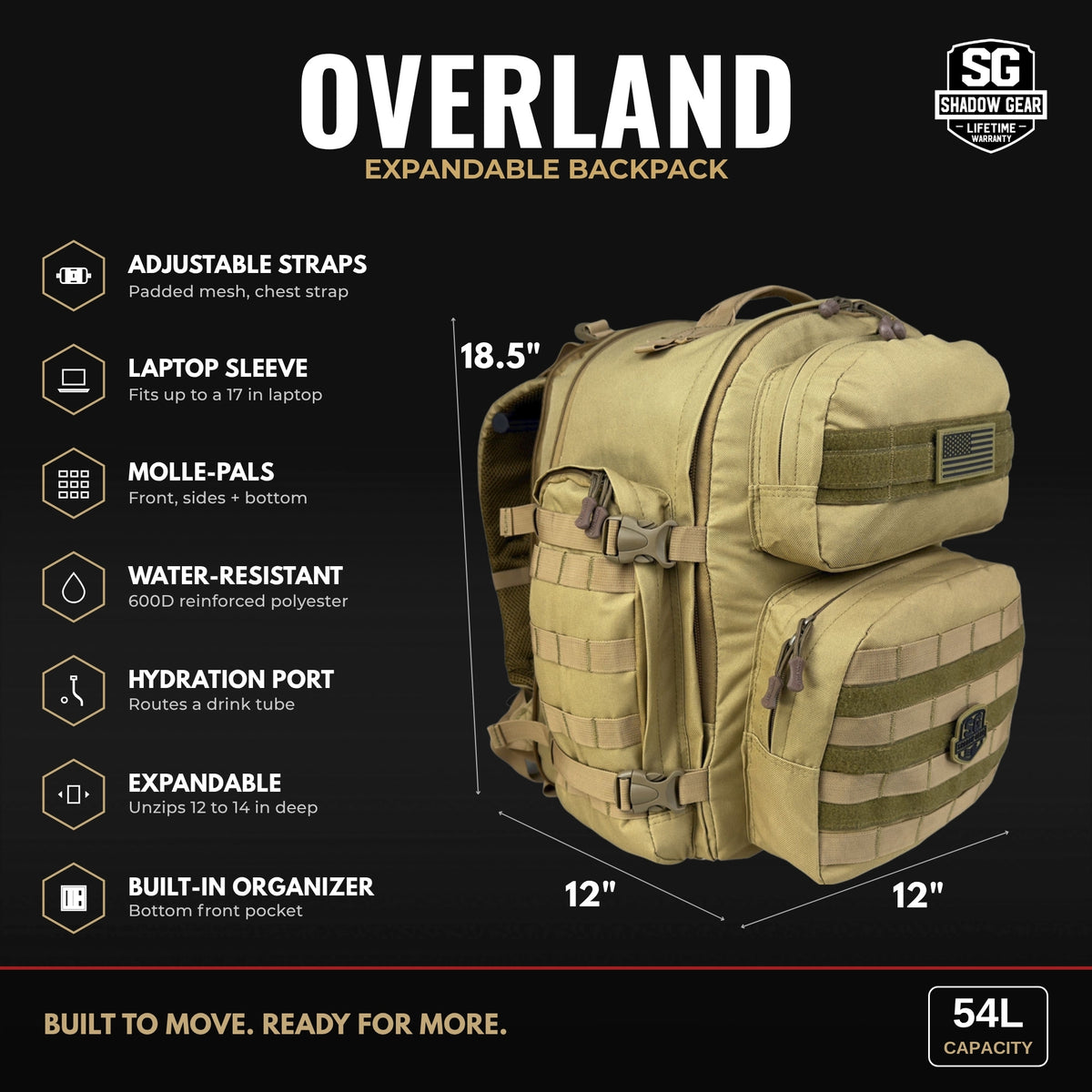 Shadow Gear Overland 54L expandable backpack dimensions: 18.5 x 12 x 12 inches, expands to 14 in deep, adjustable straps, 17 in laptop sleeve, MOLLE-PALS, water-resistant 600D polyester, hydration port, built-in organizer