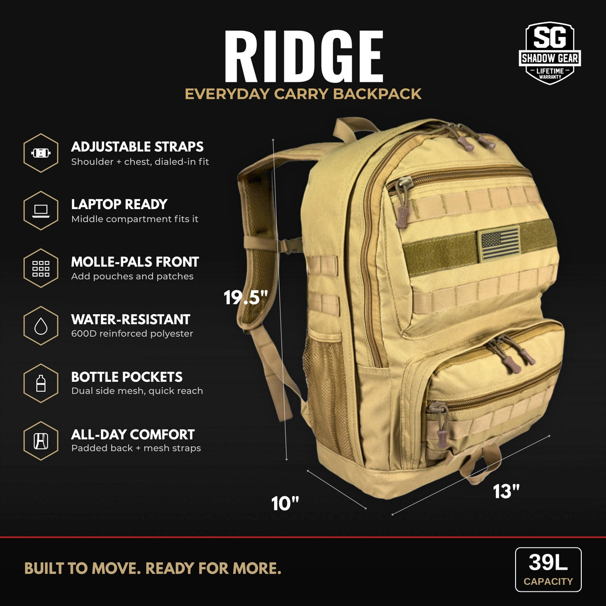 Shadow Gear Ridge everyday carry backpack dimensions: 19.5 x 13 x 10 in, 39L capacity, with adjustable shoulder and chest straps, laptop-ready middle compartment, MOLLE-PALS front, water-resistant 600D polyester, dual side bottle pockets, padded back