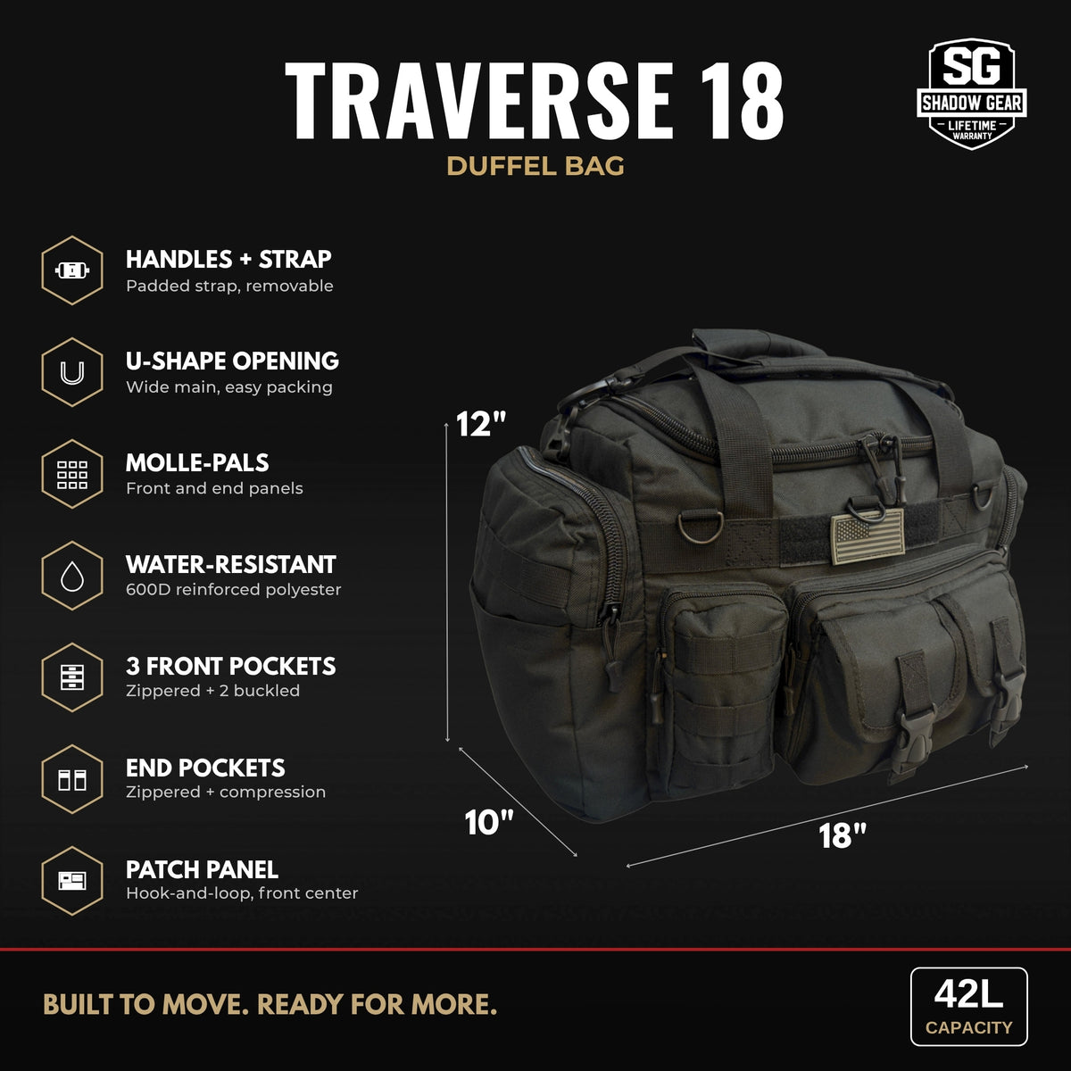 Shadow Gear Traverse 18 42L duffel bag dimensions: 18 x 10 x 12 inches, top handles and detachable shoulder strap, U-shape opening, MOLLE-PALS, water-resistant 600D polyester, front pockets, end pockets, patch panel