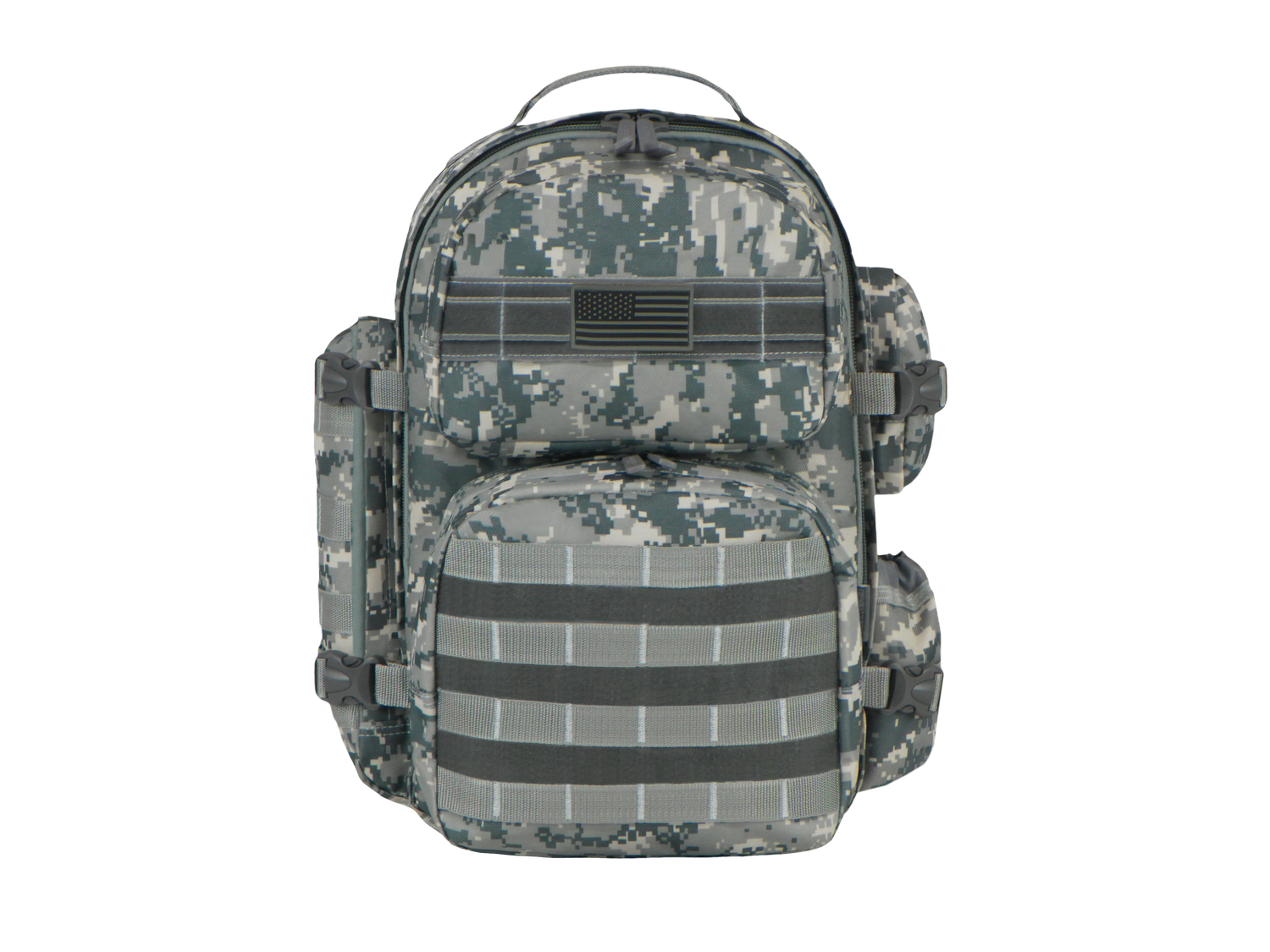 Camouflage backpack with multiple straps on a white background