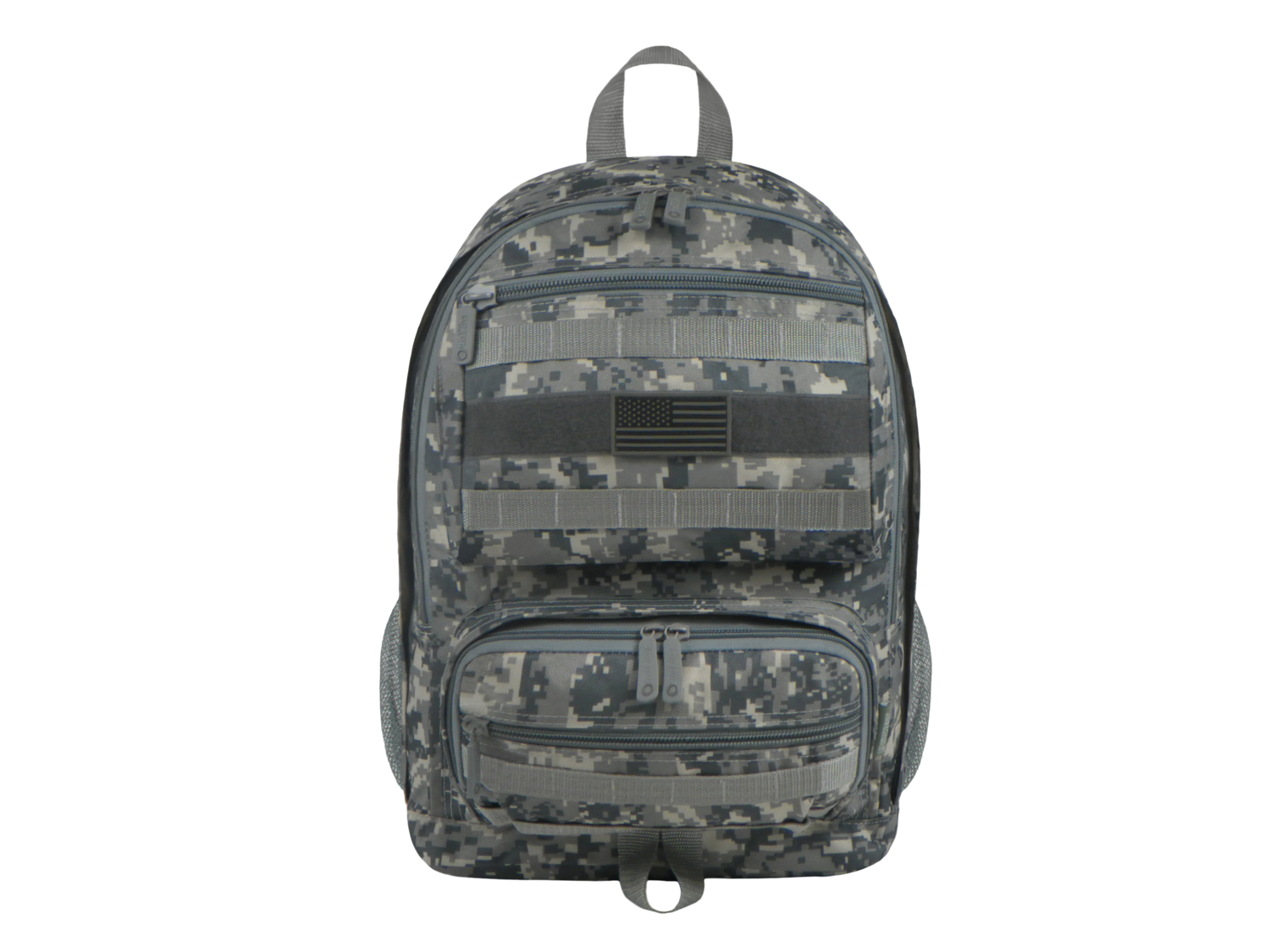 Camouflage backpack with American flag patch on a white background