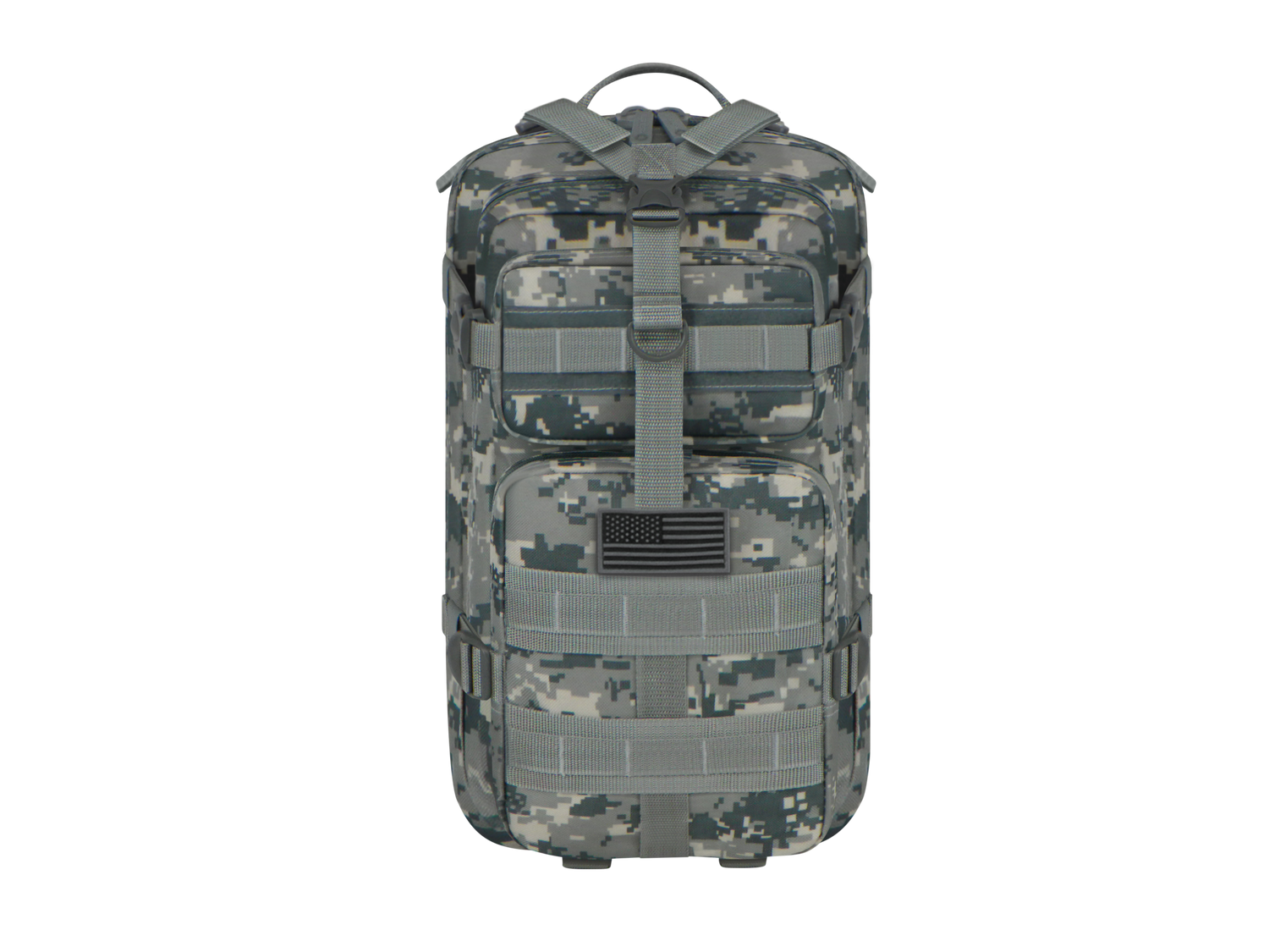 Camouflage backpack with multiple pockets on a white background