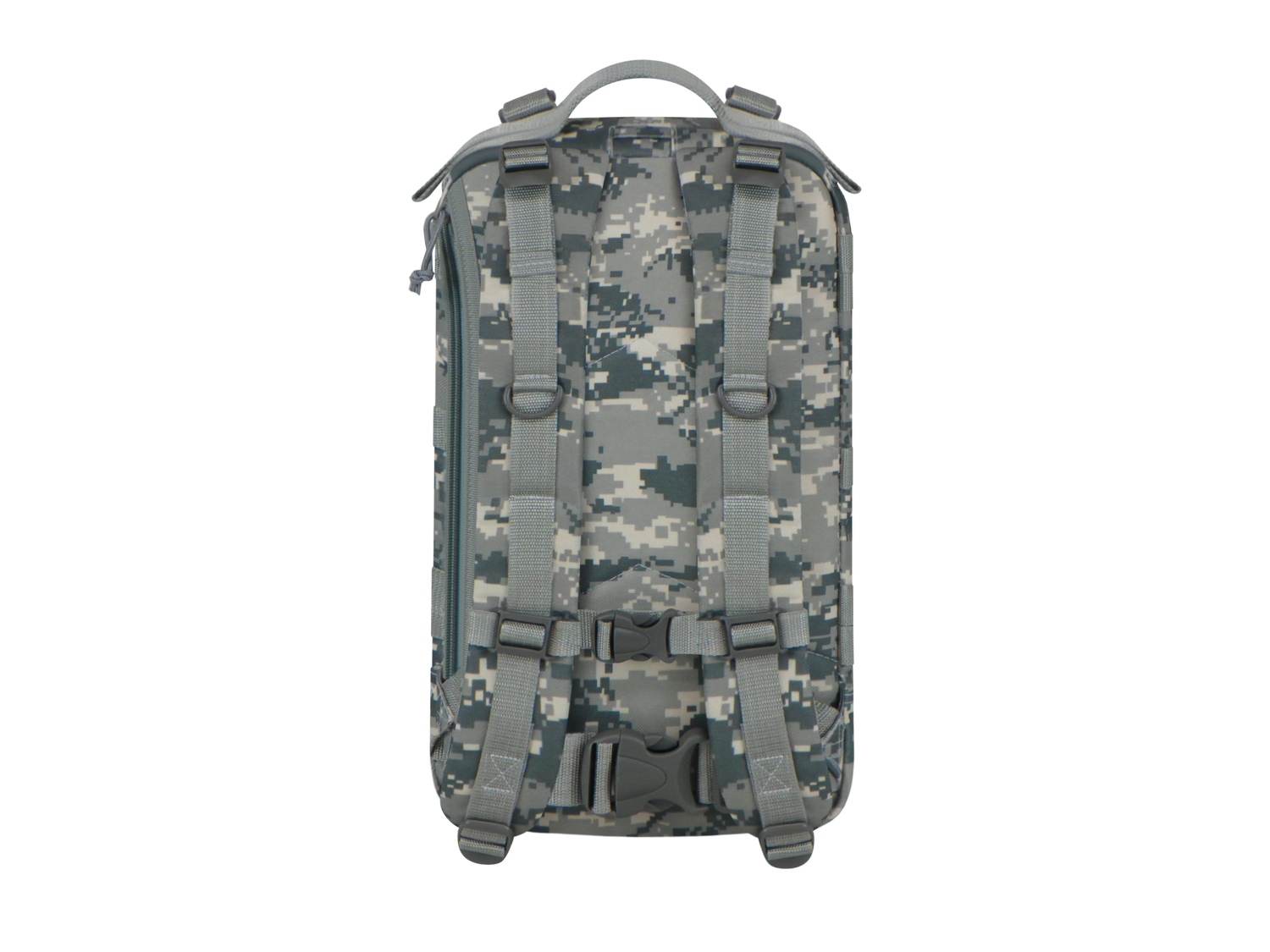 Camouflage backpack with multiple straps on a white background