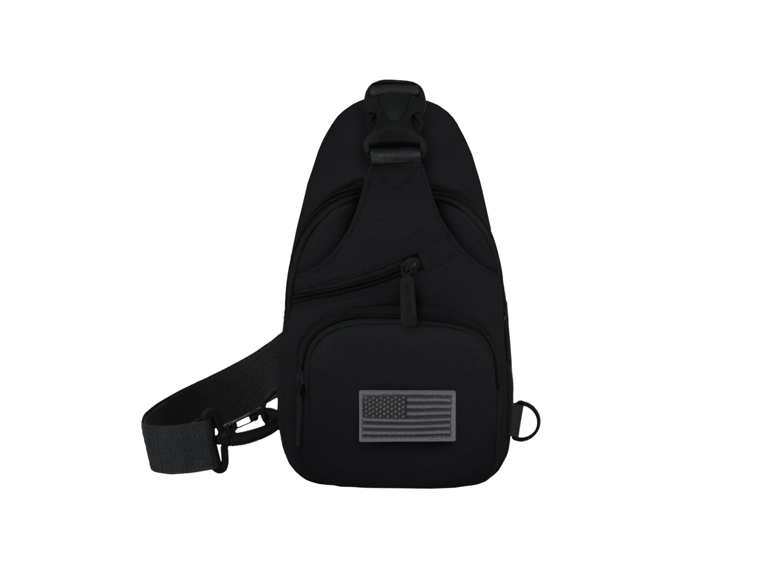Black sling bag with an American flag patch on a white background