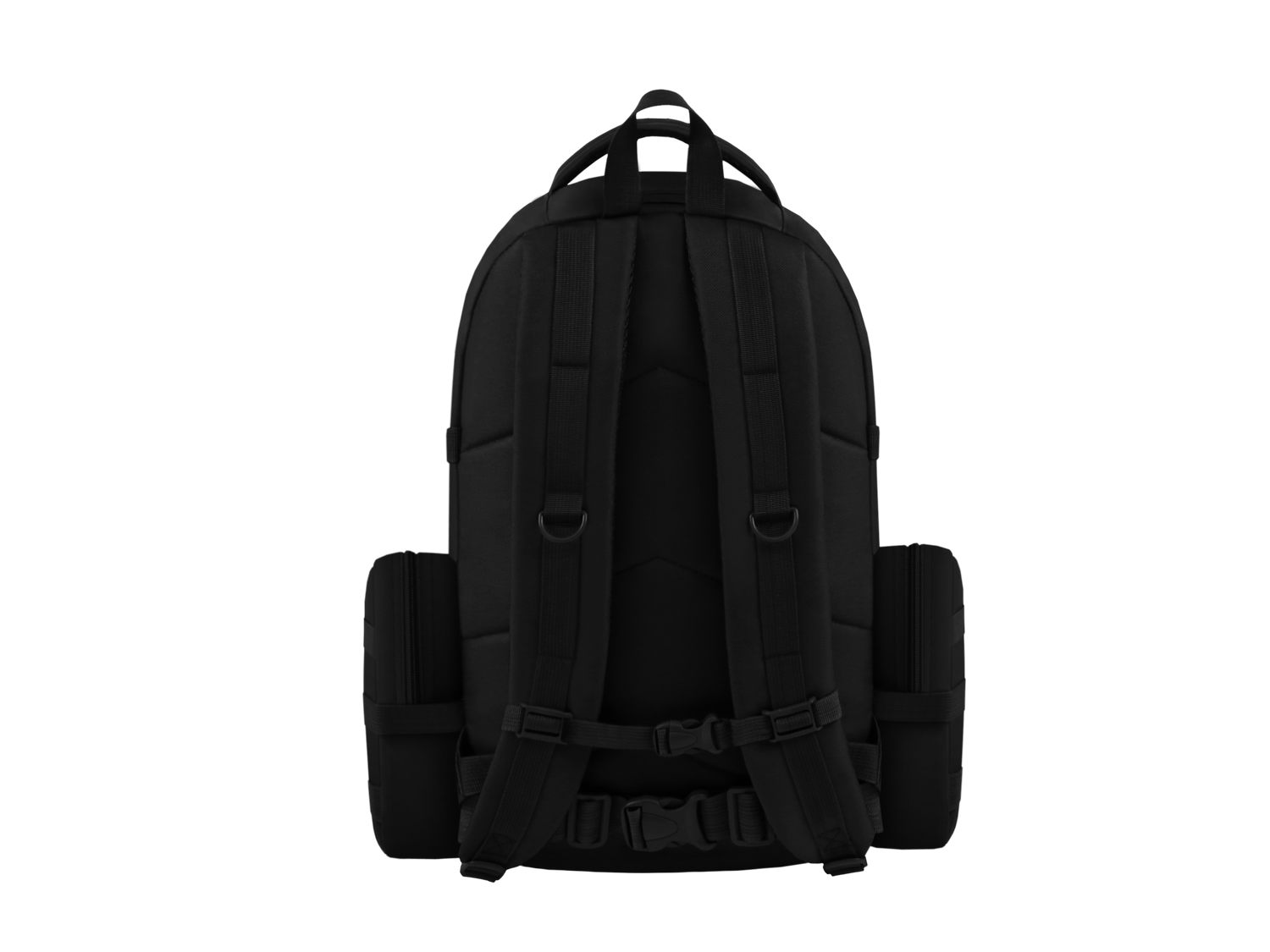 Black backpack shown from the back on a white background