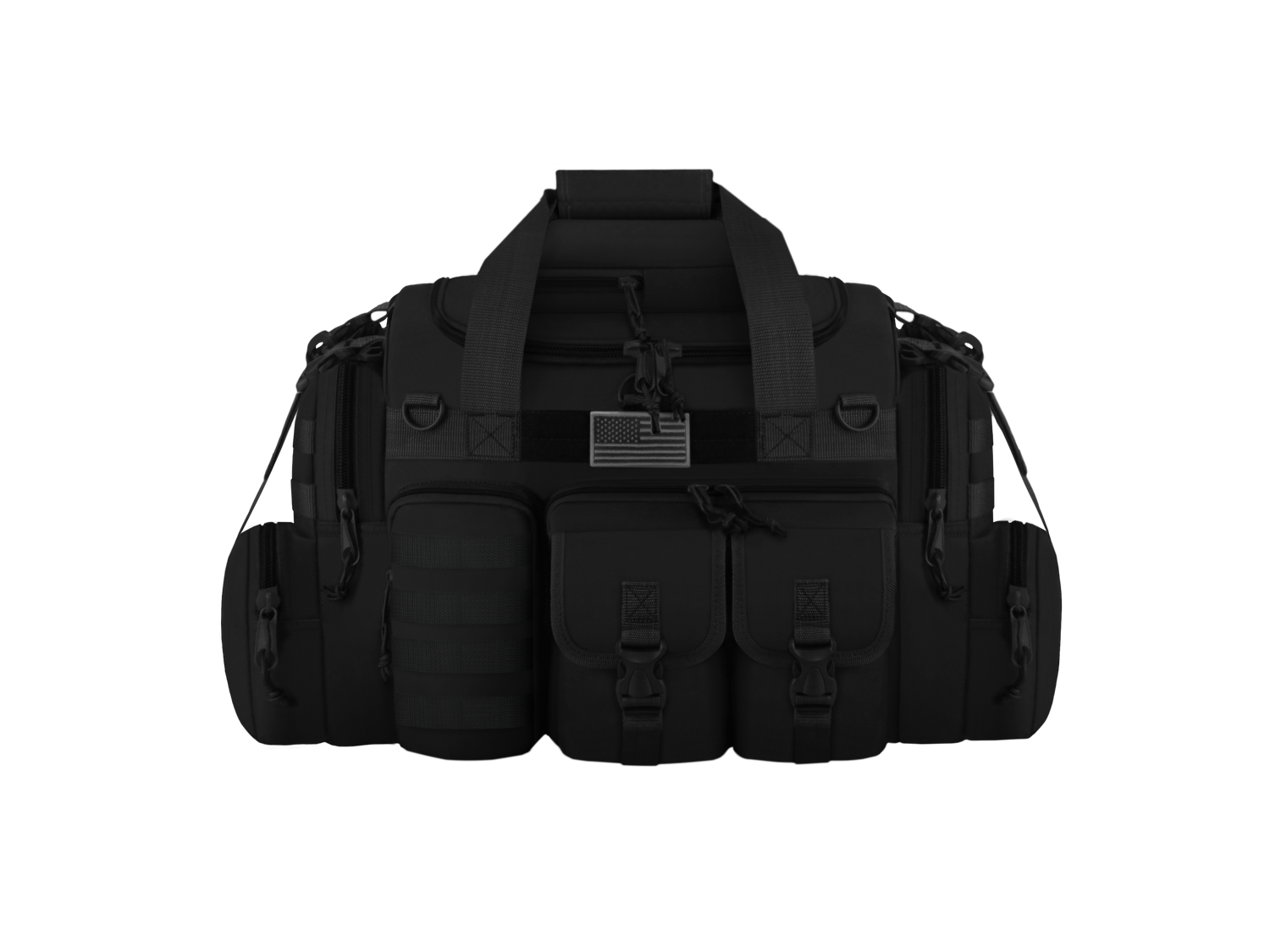 Black tactical bag with multiple pockets and straps on a white background