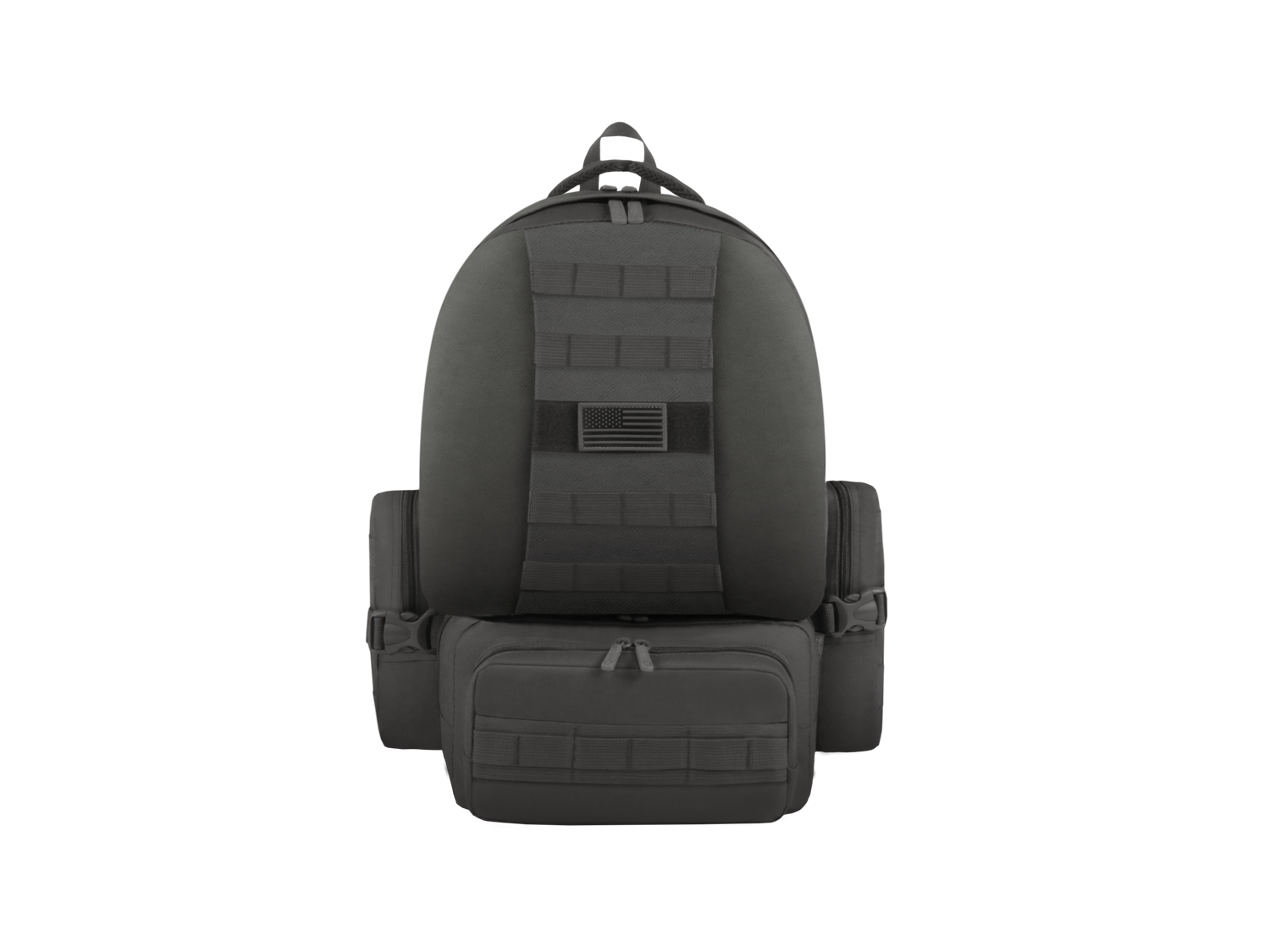 Black tactical backpack on a white background