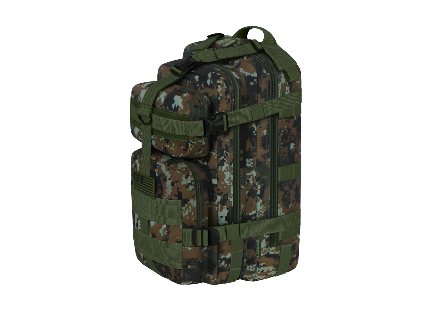 Camouflage backpack with multiple straps on a white background