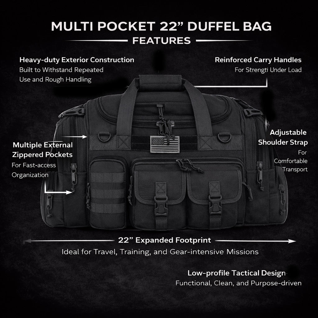 Black duffel bag with features highlighted on a dark background