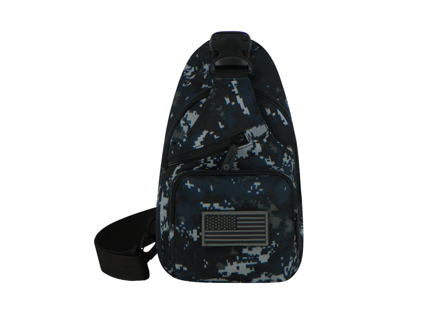 Camouflage sling bag with American flag patch on a white background