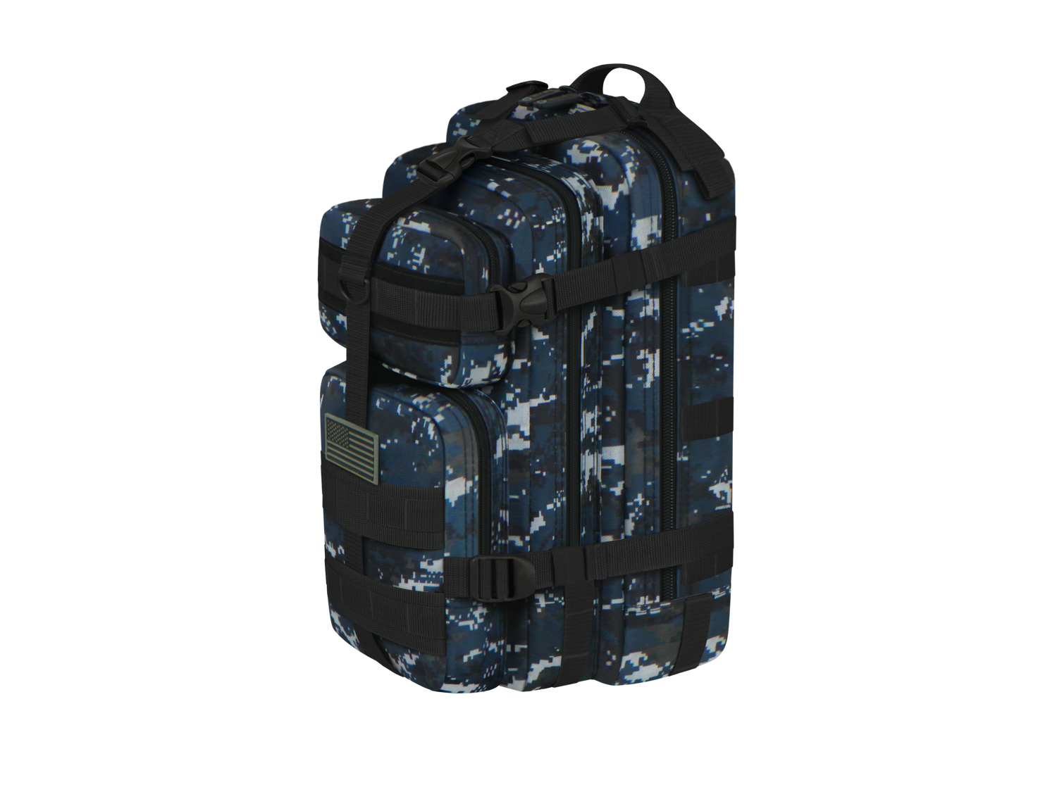 Tactical backpack with digital camouflage pattern on a white background