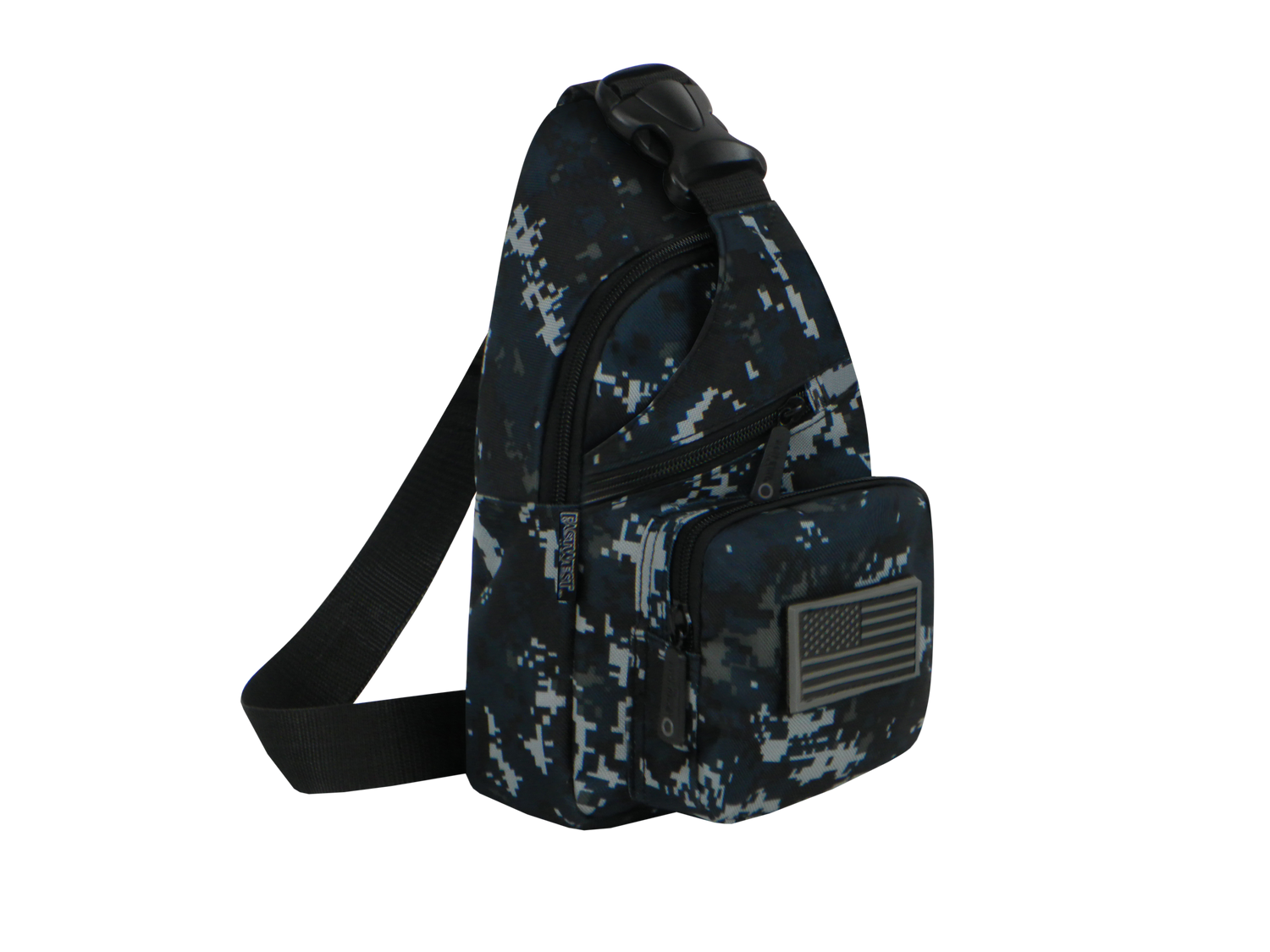 Camouflage sling bag with a black strap on a white background