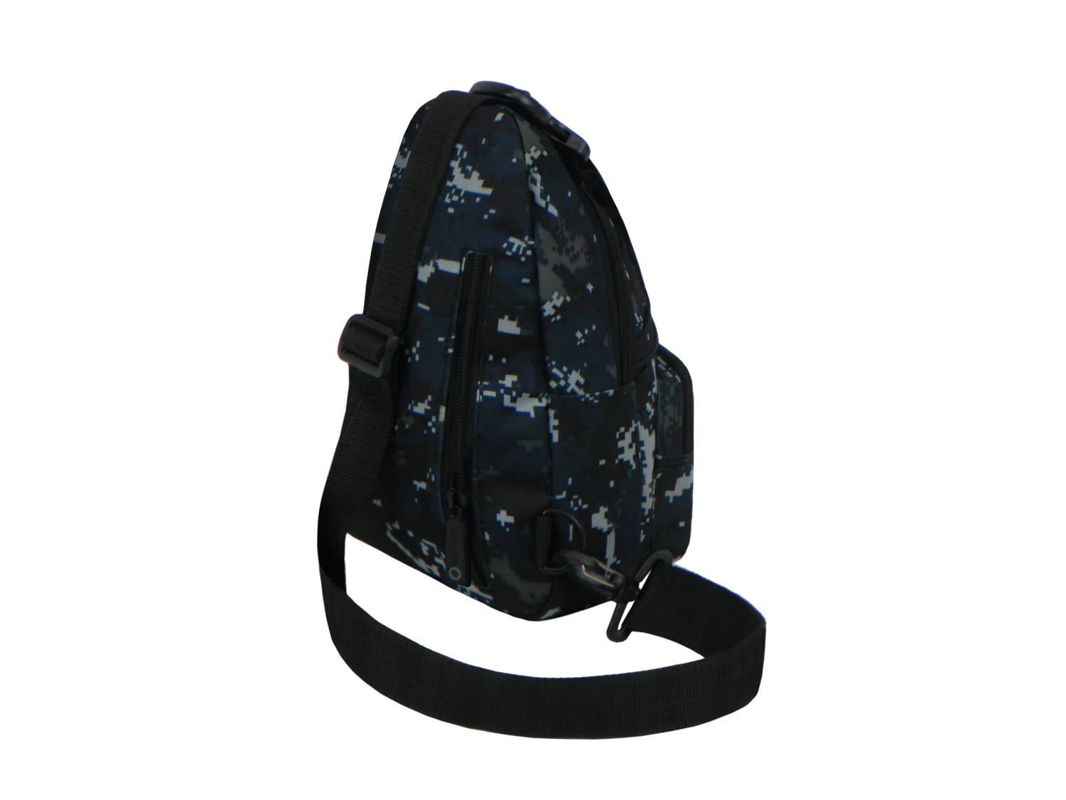 Black camouflage sling bag on a white background