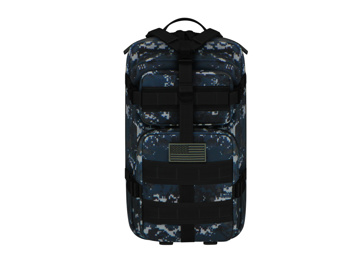 Camouflage backpack with American flag patch on a white background