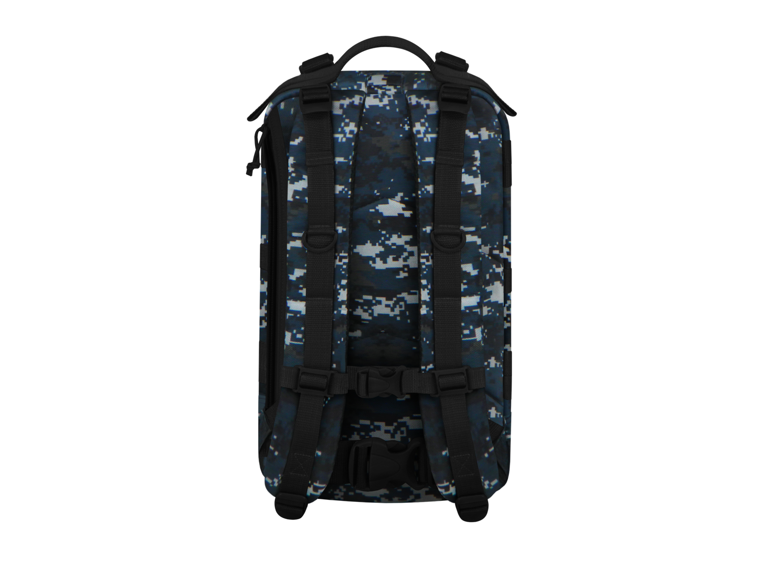 Backpack with digital camouflage pattern on a white background