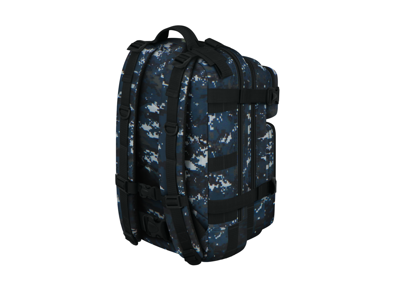 Backpack with digital camouflage pattern on a white background