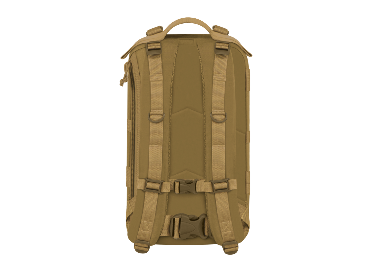 Tan backpack with multiple straps on a white background