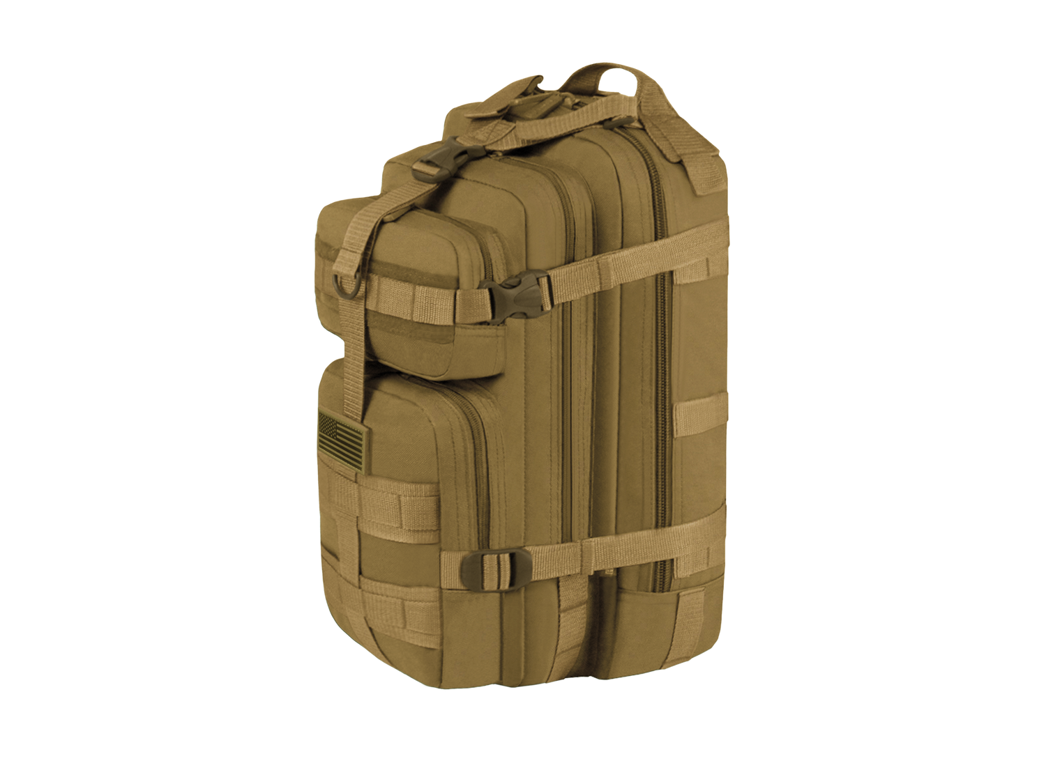 Tan tactical backpack on a white background