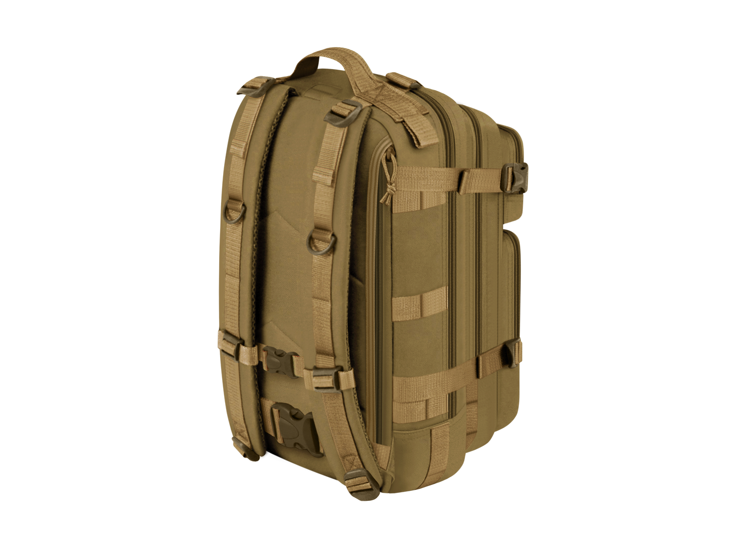 Tan backpack with multiple straps on a white background