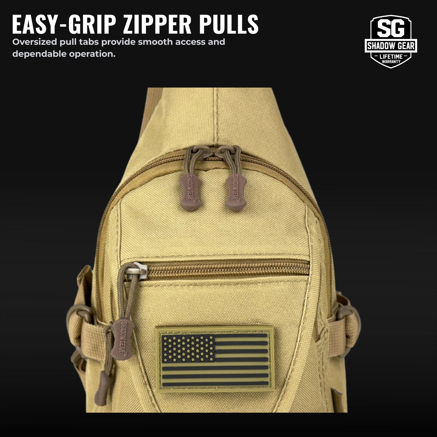 Beige sling bag with American flag patch and easy-grip zipper pulls on a black background.