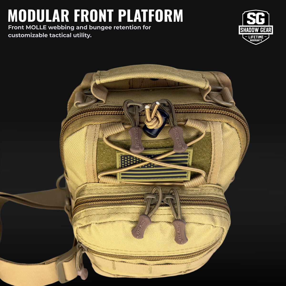 Front MOLLE webbing, shock-cord lashing and American flag patch on the Shadow Gear Scout sling bag
