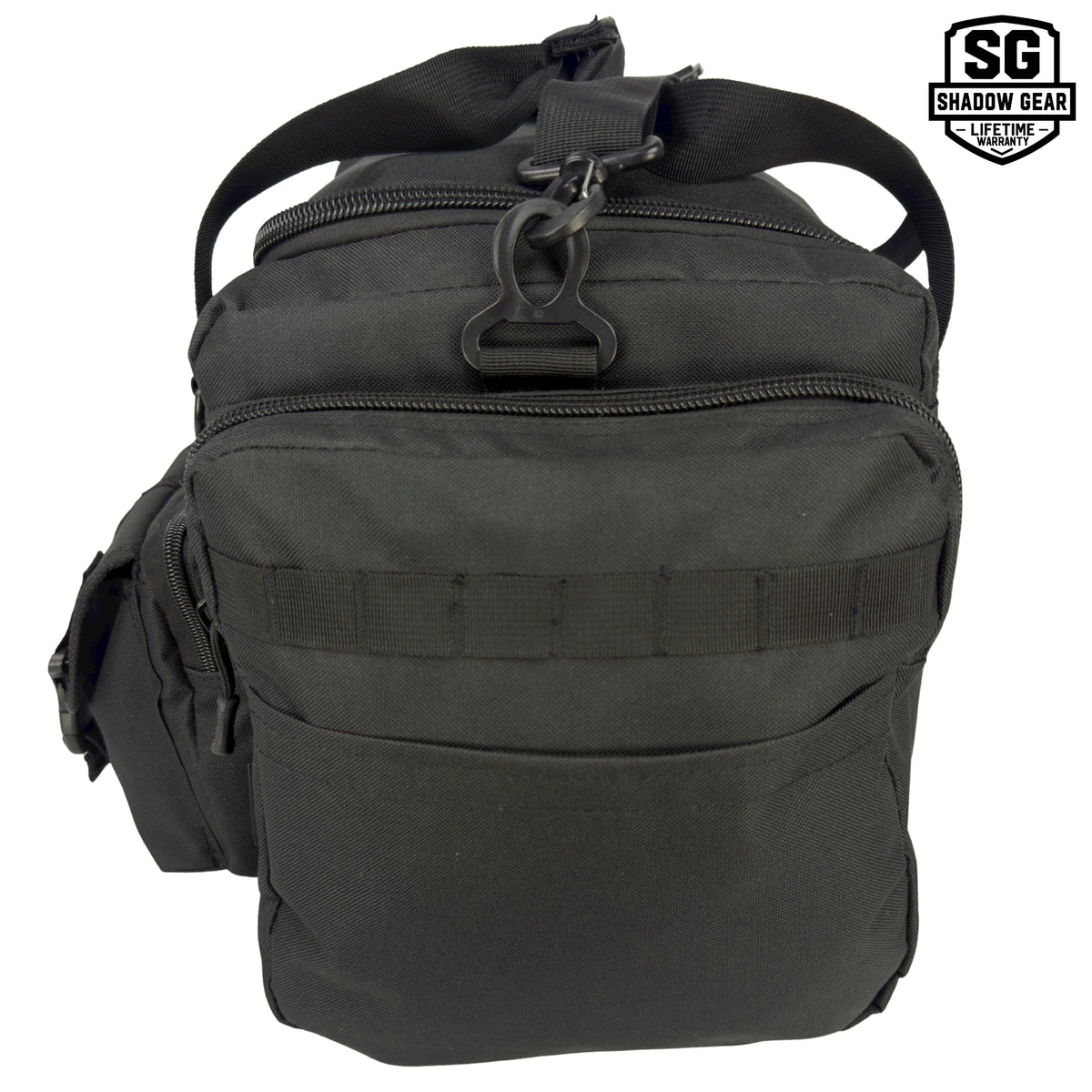 Shadow Gear Traverse 18 42L tactical duffel bag in Black, right side view with zippered side pocket