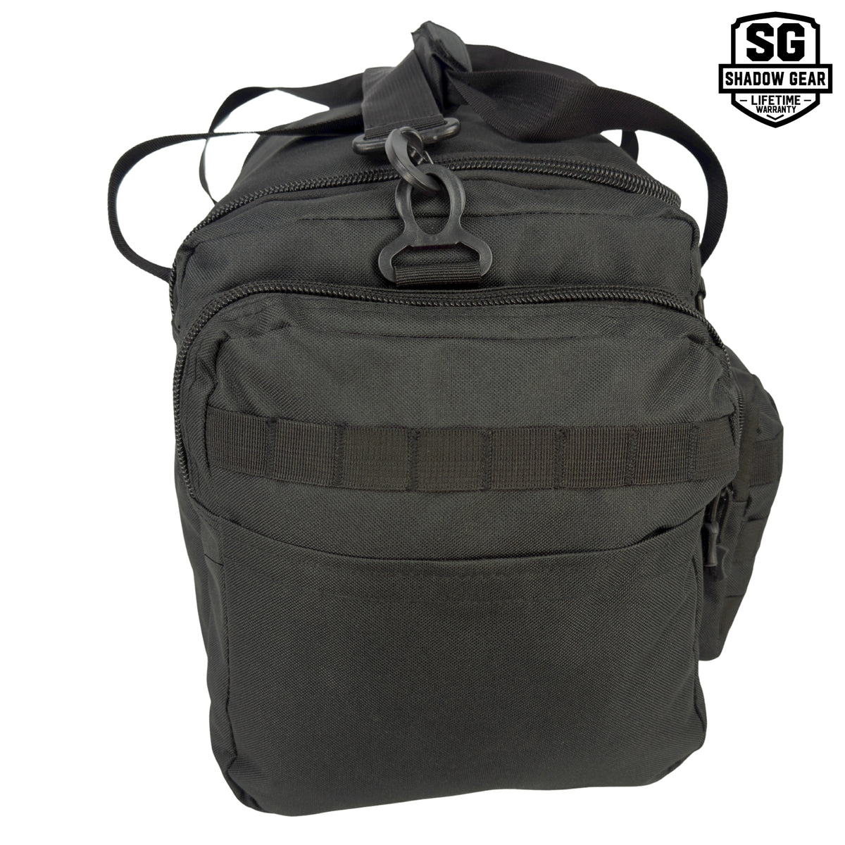 Shadow Gear Traverse 18 42L tactical duffel bag in Black, left side view showing zippered side pocket with compression sleeve