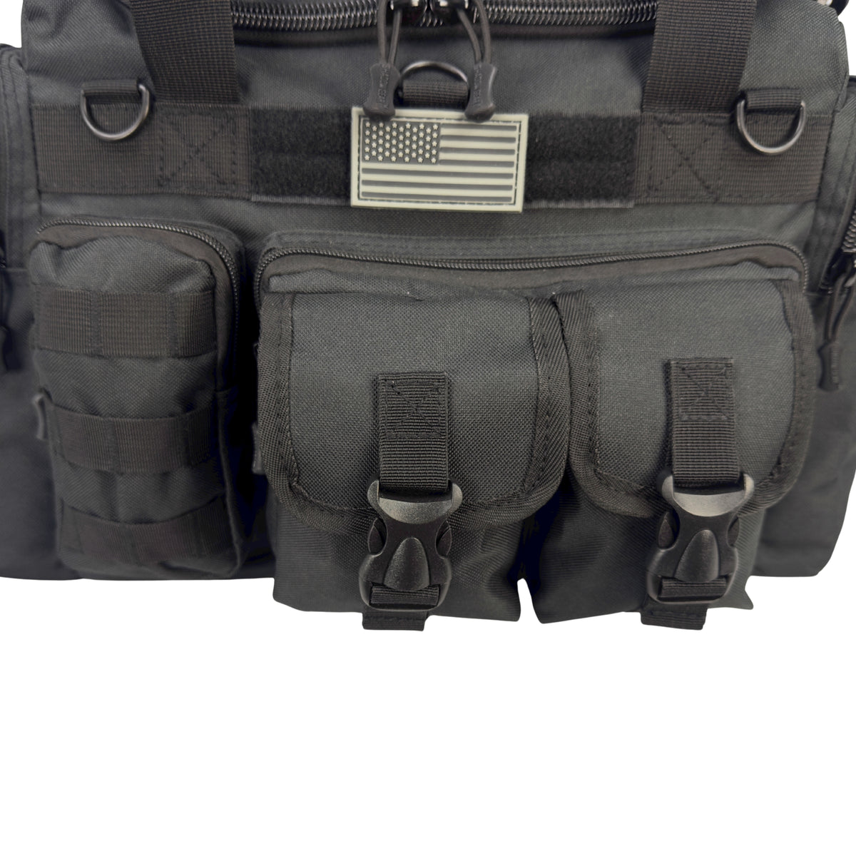 Shadow Gear Traverse 18 duffel bag in Black, front pockets: zippered MOLLE pocket and two clip-close pockets
