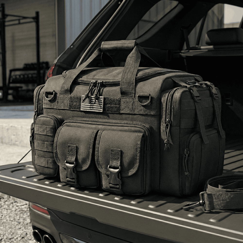 Tactical duffel bag on a truck bed with an American flag patch
