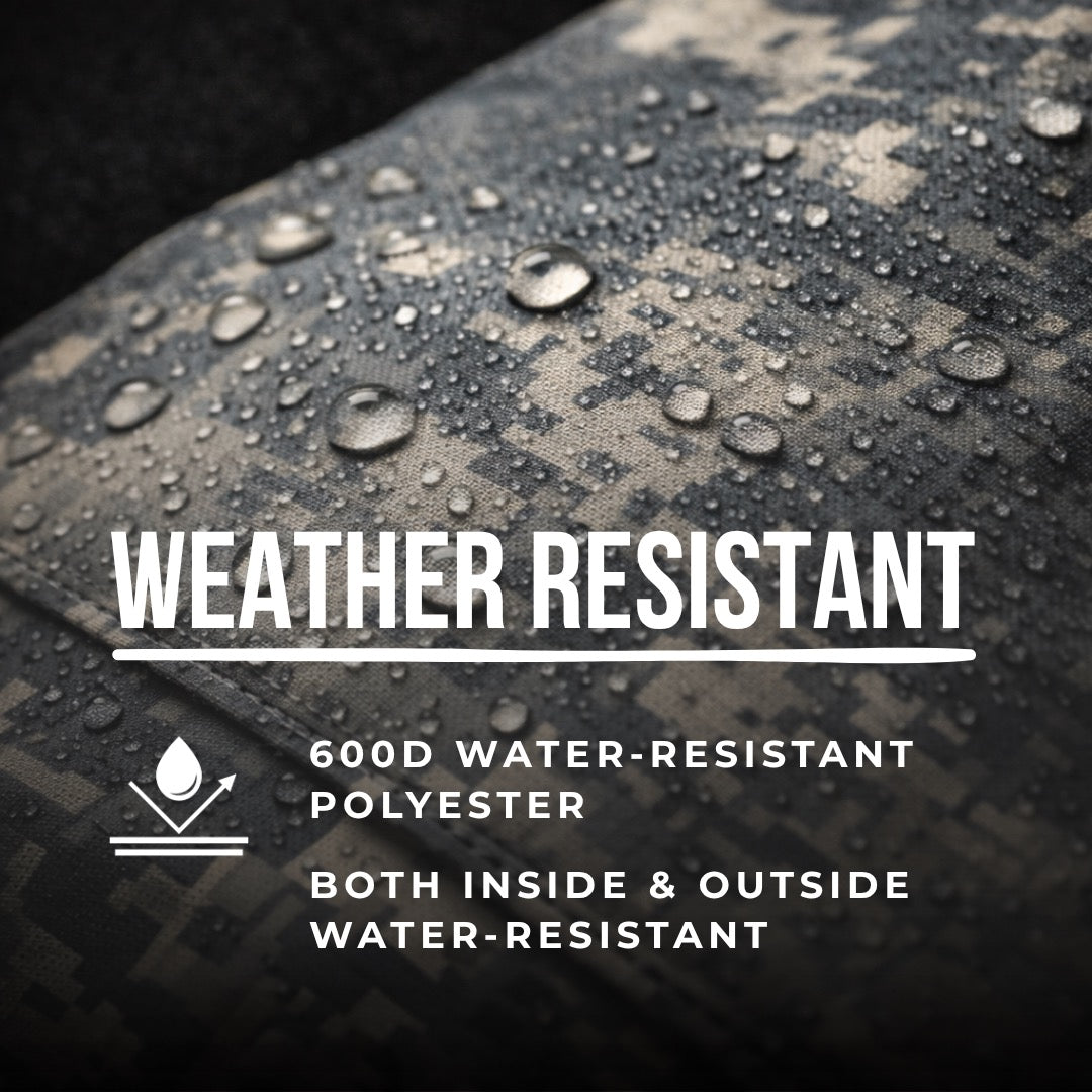 Text on a textured surface with water droplets, emphasizing weather resistance.
