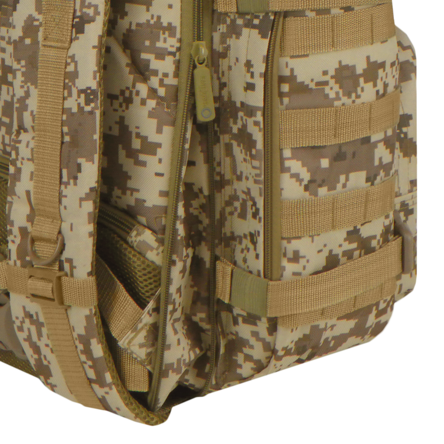 Camouflage backpack with multiple straps and zippers on a white background