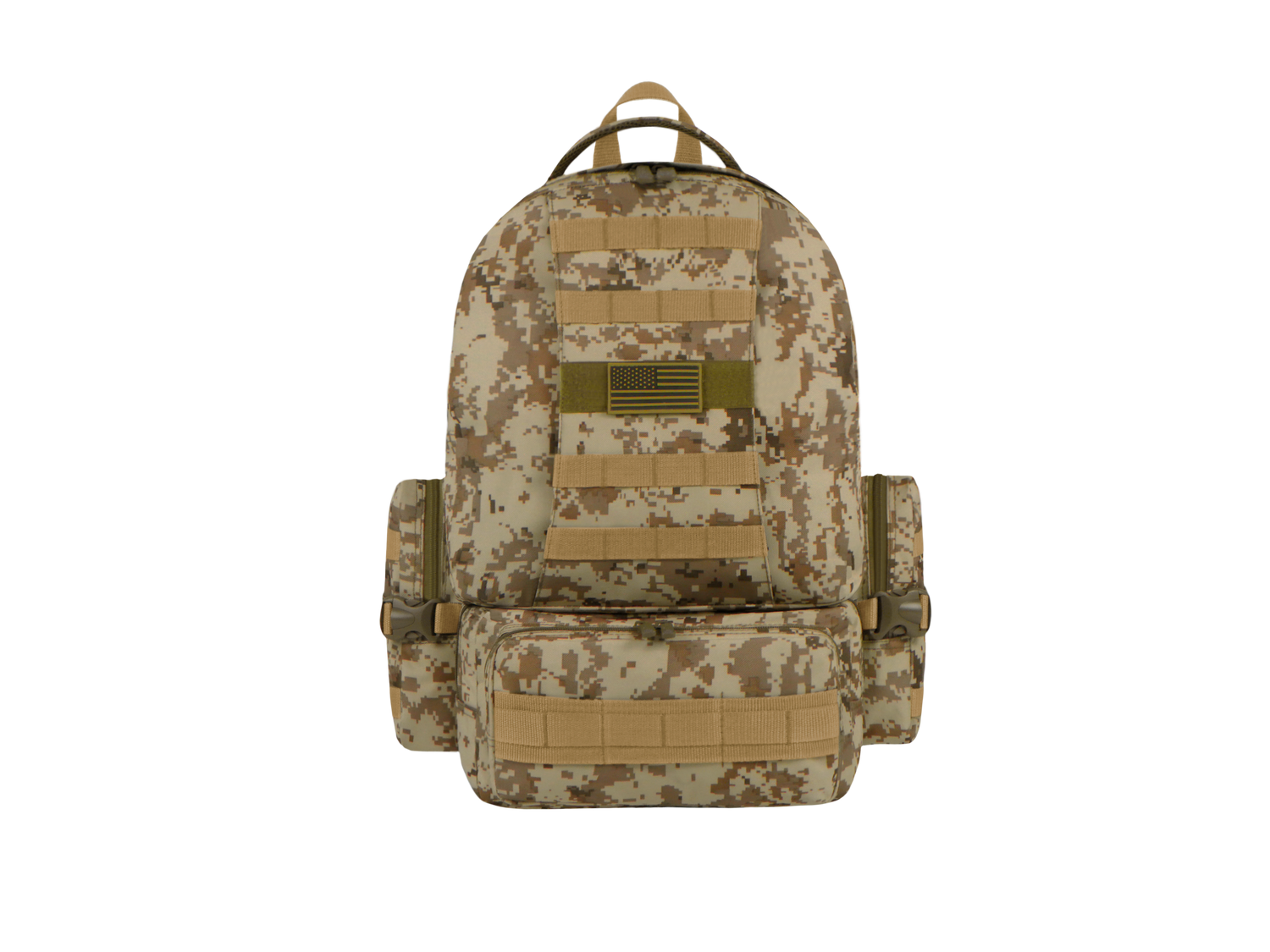 Camouflage backpack with multiple straps and patches on a white background