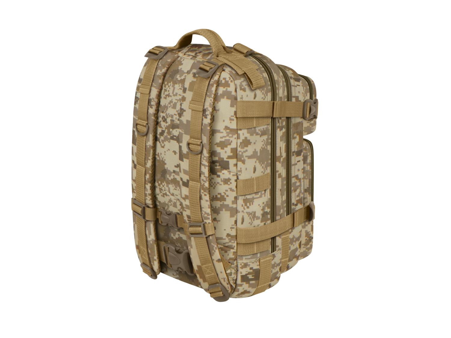Camouflage backpack with tactical straps on a white background