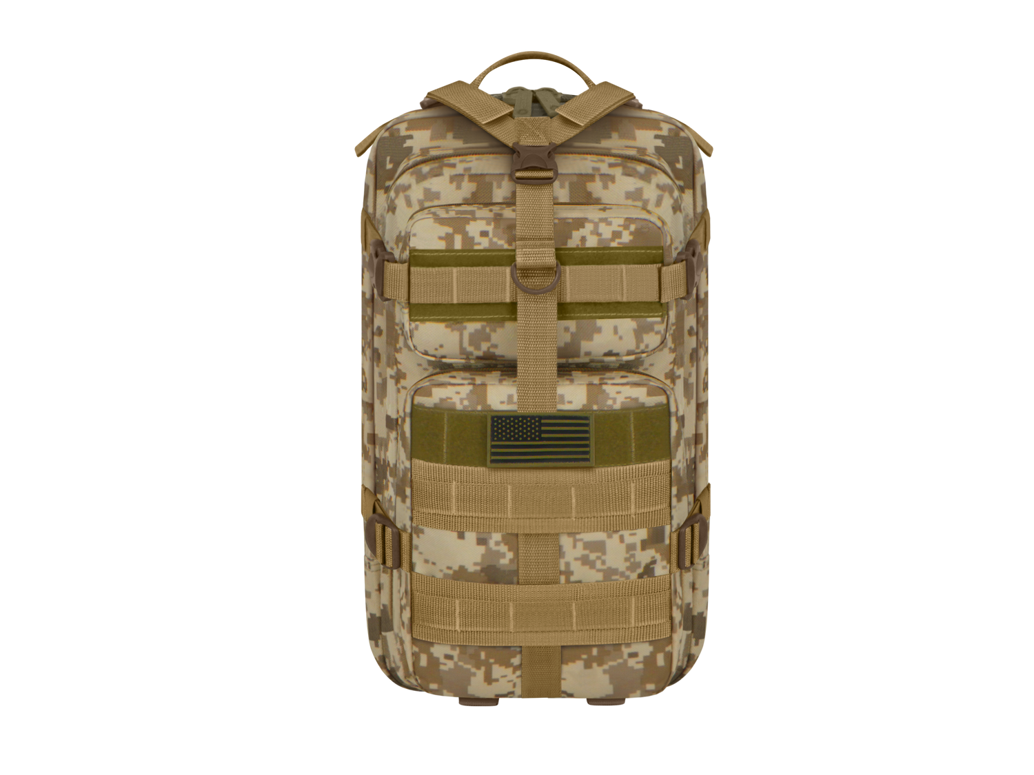 Camouflage backpack with tactical straps on a white background