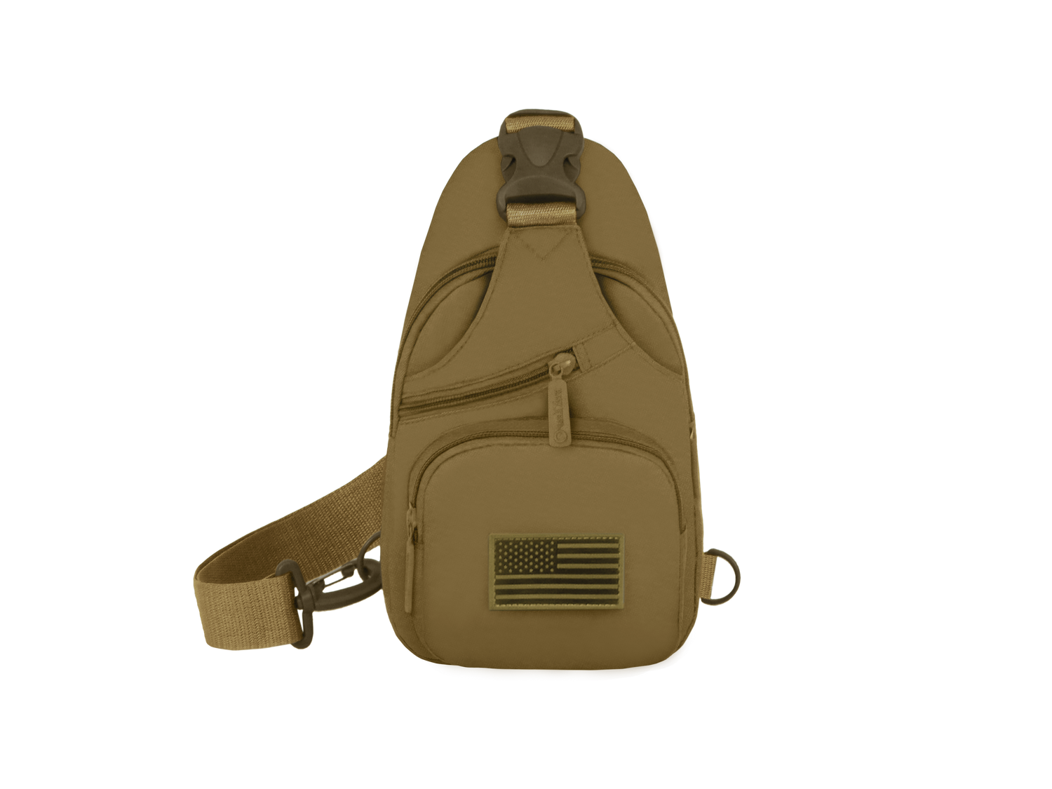 Tan sling bag with American flag patch on a white background