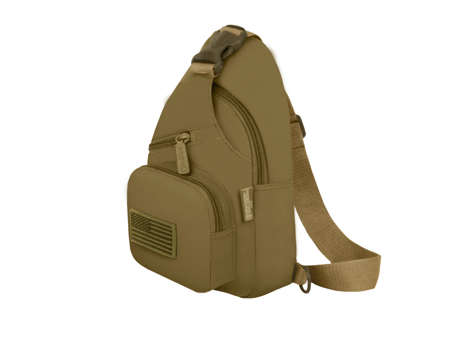 Tan sling bag on a white background