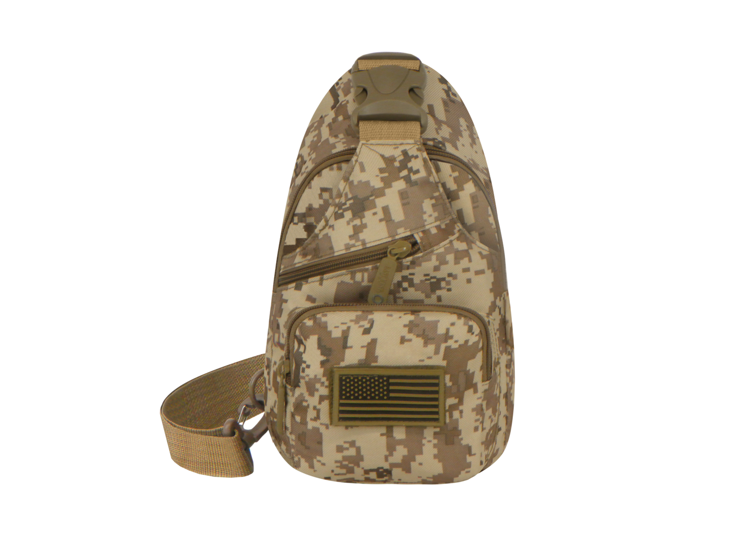 Camouflage sling bag with American flag patch on a white background