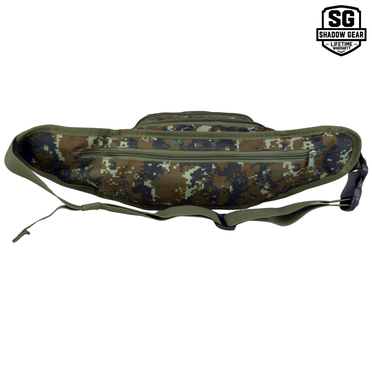 Shadow Gear Dash 4L tactical waist pack in Green ACU camo, back view showing the rear zippered pocket and adjustable strap