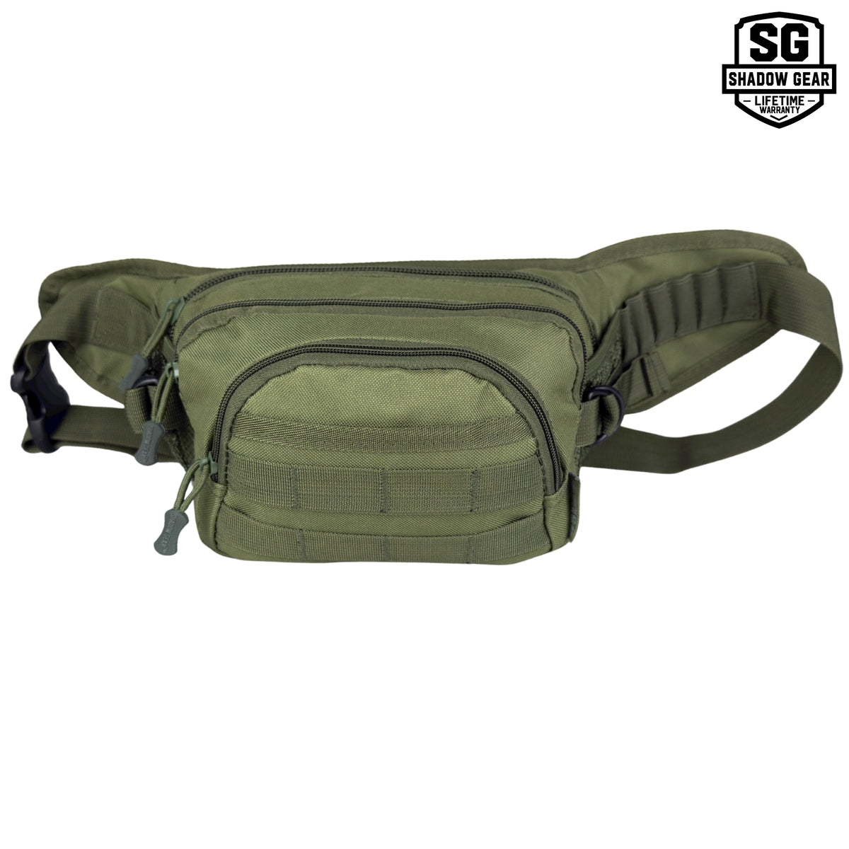 Shadow Gear Dash 4L tactical waist pack in Olive, front view with MOLLE webbing on the front pocket