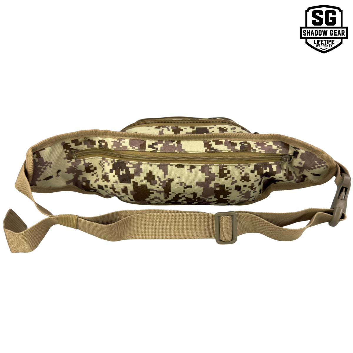 Shadow Gear Dash 4L tactical waist pack in Tan ACU camo, back view showing the rear zippered pocket and adjustable strap