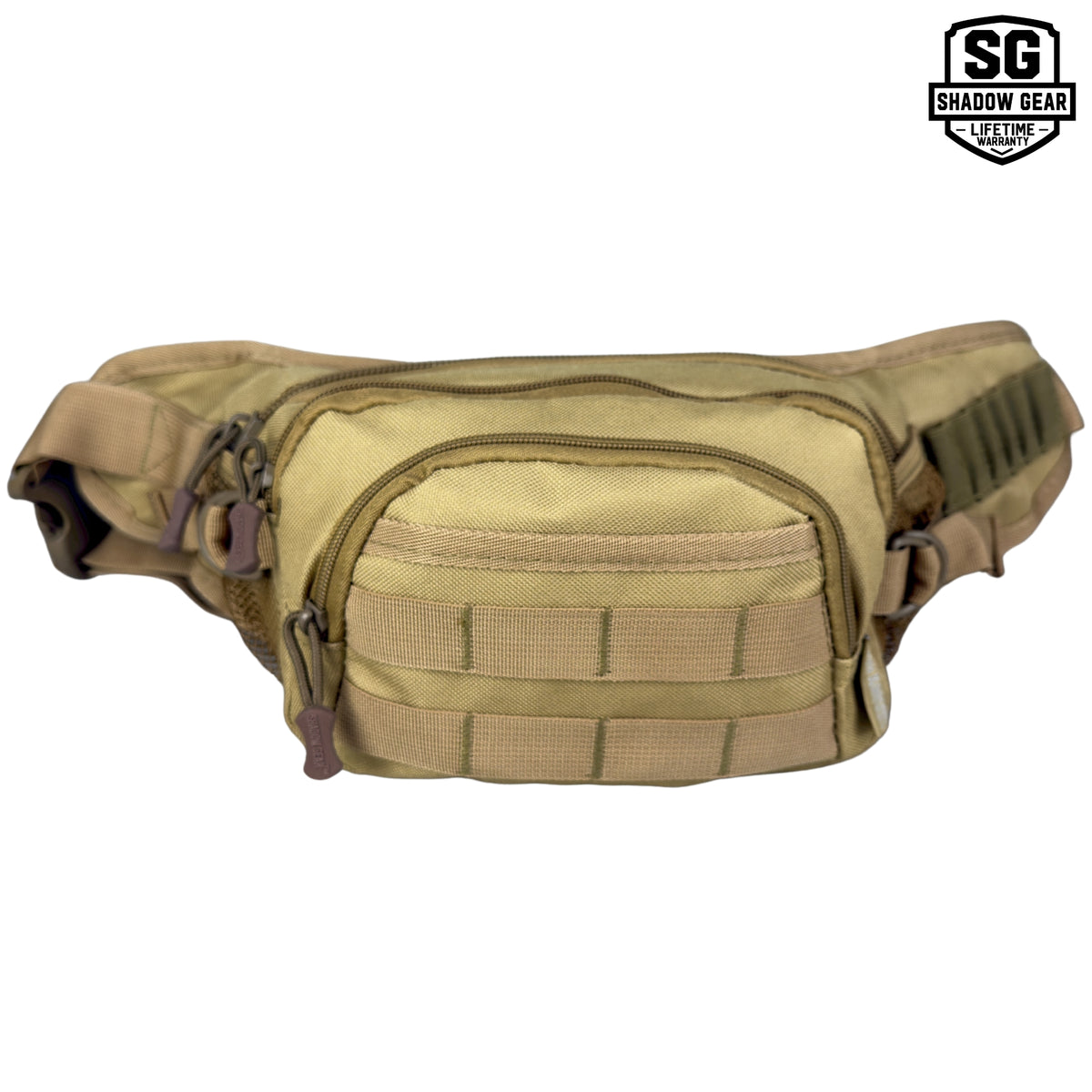 Shadow Gear Dash 4L tactical waist pack in Tan, front view with MOLLE webbing on the front pocket