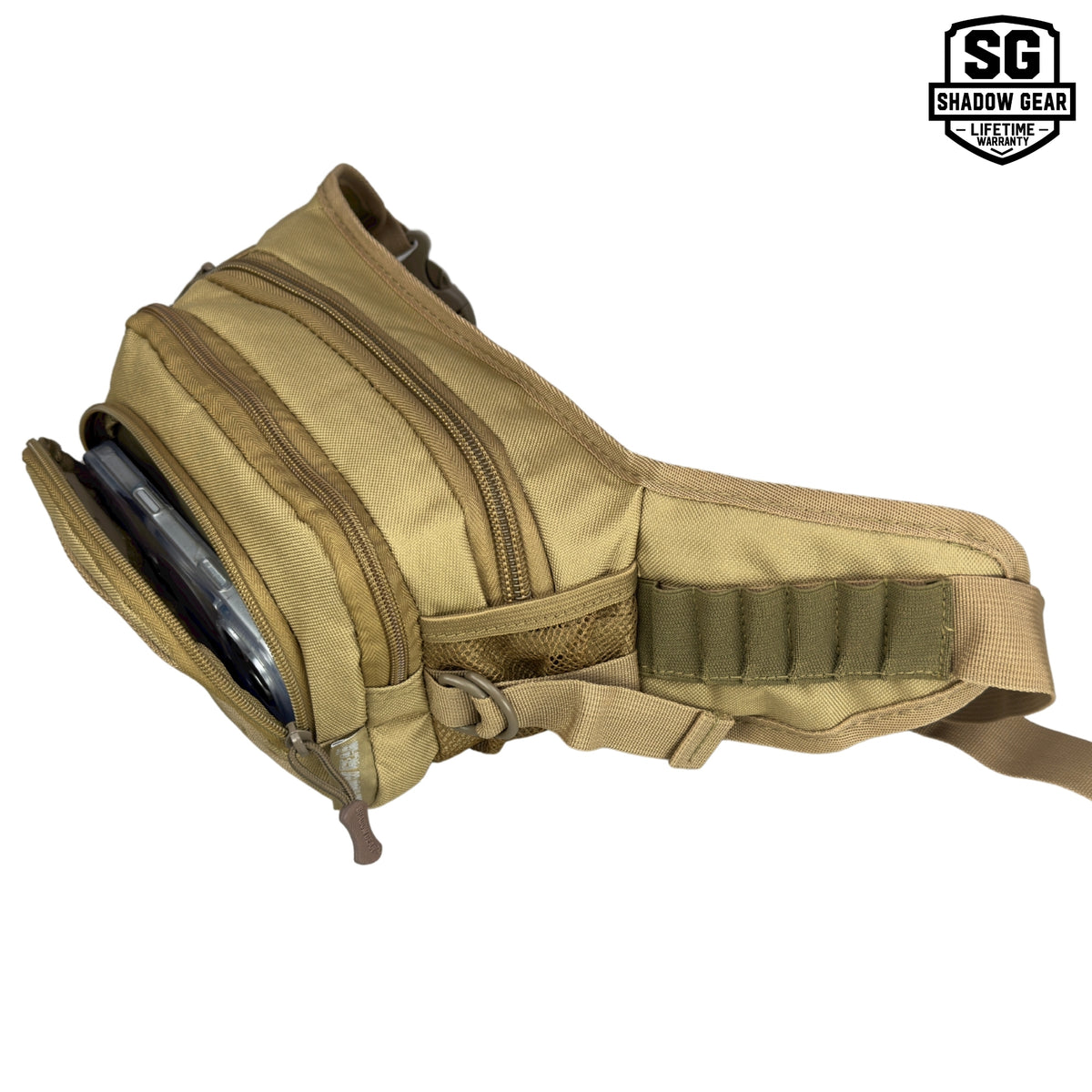 Shadow Gear Dash waist pack in Tan, front zippered pocket open with a phone inside