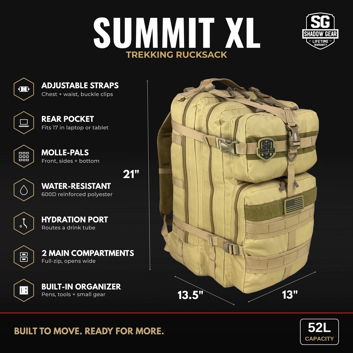 Shadow Gear Summit XL 52L trekking rucksack dimensions: 21 x 13 x 13.5 in, 52L capacity, with chest and waist straps, rear pocket that fits a 17 in laptop or tablet, MOLLE-PALS on front, sides and bottom, water-resistant 600D polyester, hydration port, 2 main compartments and built-in organizer