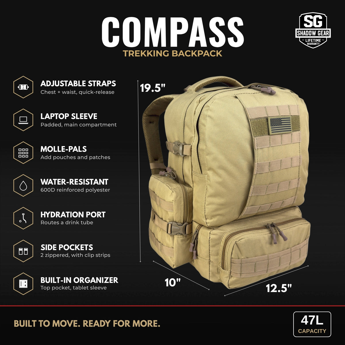 Shadow Gear Compass 47L trekking backpack dimensions: 19.5 x 12.5 x 10 inches, adjustable straps, padded laptop sleeve, MOLLE-PALS, water-resistant 600D polyester, hydration port, side pockets, built-in organizer
