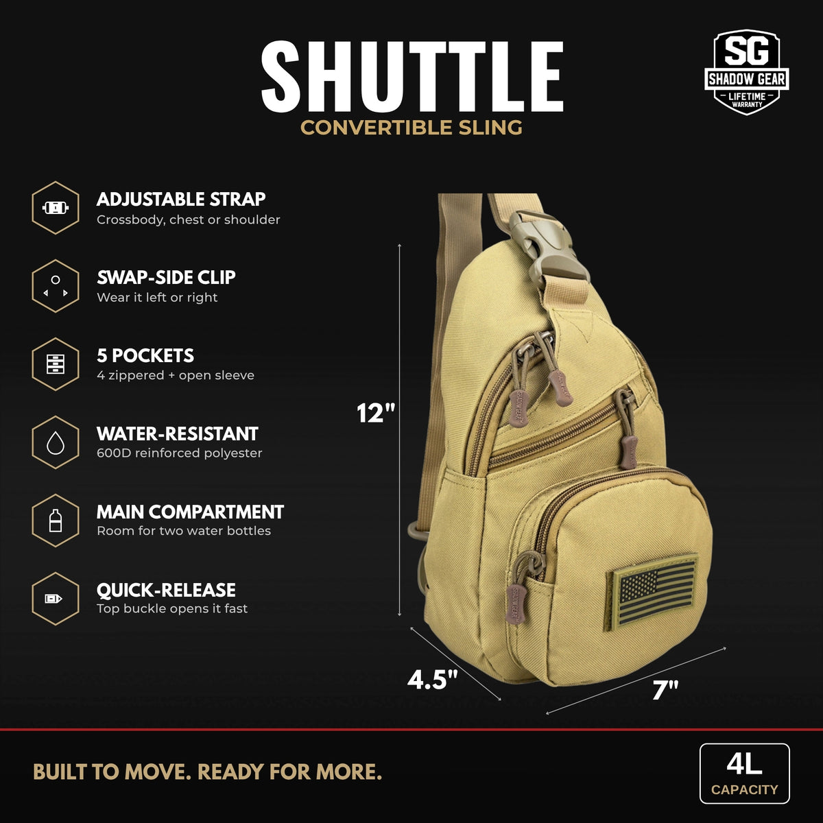 Shadow Gear Shuttle 4L convertible sling dimensions: 12 x 7 x 4.5 inches, adjustable strap, swap-side clip, 5 pockets, water-resistant 600D polyester, room for two water bottles, quick-release top buckle