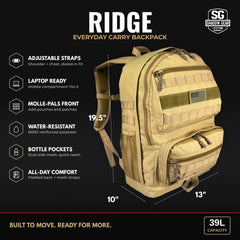Shadow Gear Ridge everyday carry backpack dimensions: 19.5 x 13 x 10 in, 39L capacity, with adjustable shoulder and chest straps, laptop-ready middle compartment, MOLLE-PALS front, water-resistant 600D polyester, dual side bottle pockets, padded back