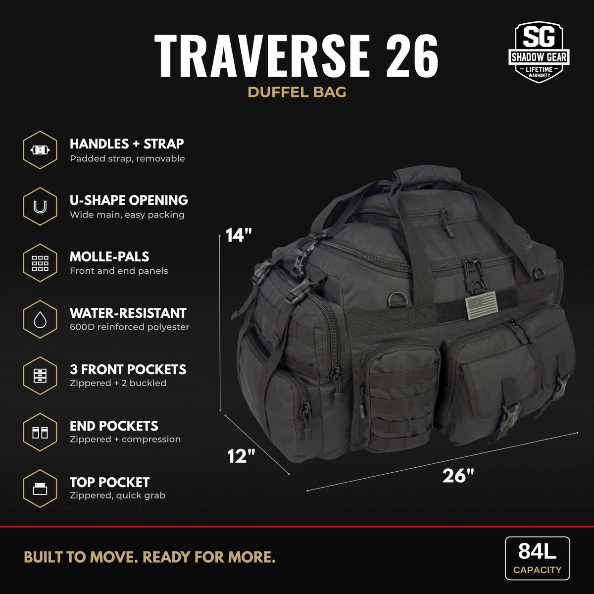 Shadow Gear Traverse 26 84L duffel bag dimensions: 26 x 12 x 14 inches, top handles and detachable shoulder strap, U-shape opening, MOLLE-PALS, water-resistant 600D polyester, front pockets, end pockets, top pocket