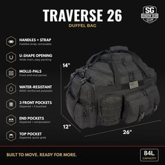 Shadow Gear Traverse 26 84L duffel bag dimensions: 26 x 12 x 14 inches, top handles and detachable shoulder strap, U-shape opening, MOLLE-PALS, water-resistant 600D polyester, front pockets, end pockets, top pocket