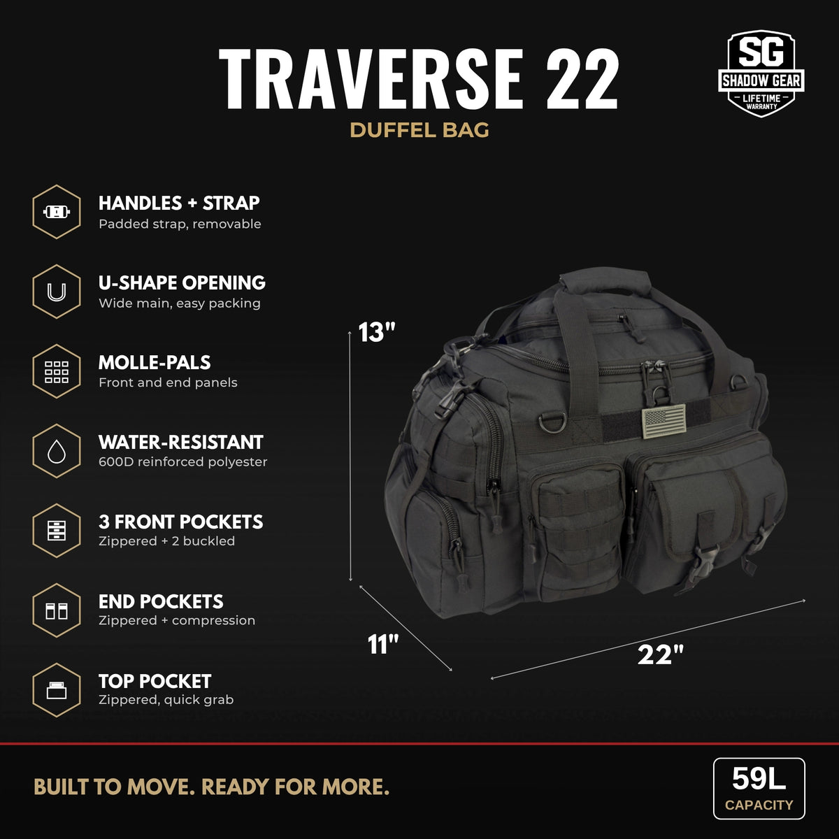 Shadow Gear Traverse 22 59L duffel bag dimensions: 22 x 11 x 13 inches, top handles and detachable shoulder strap, U-shape opening, MOLLE-PALS, water-resistant 600D polyester, front pockets, end pockets, top pocket