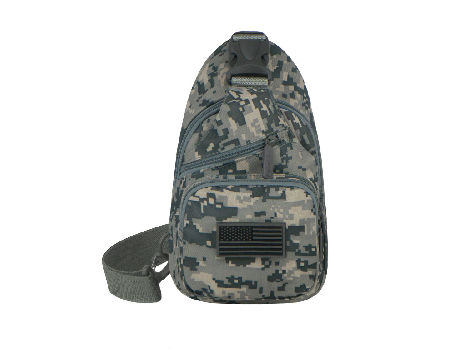 Digital camouflage sling bag with American flag patch on a white background